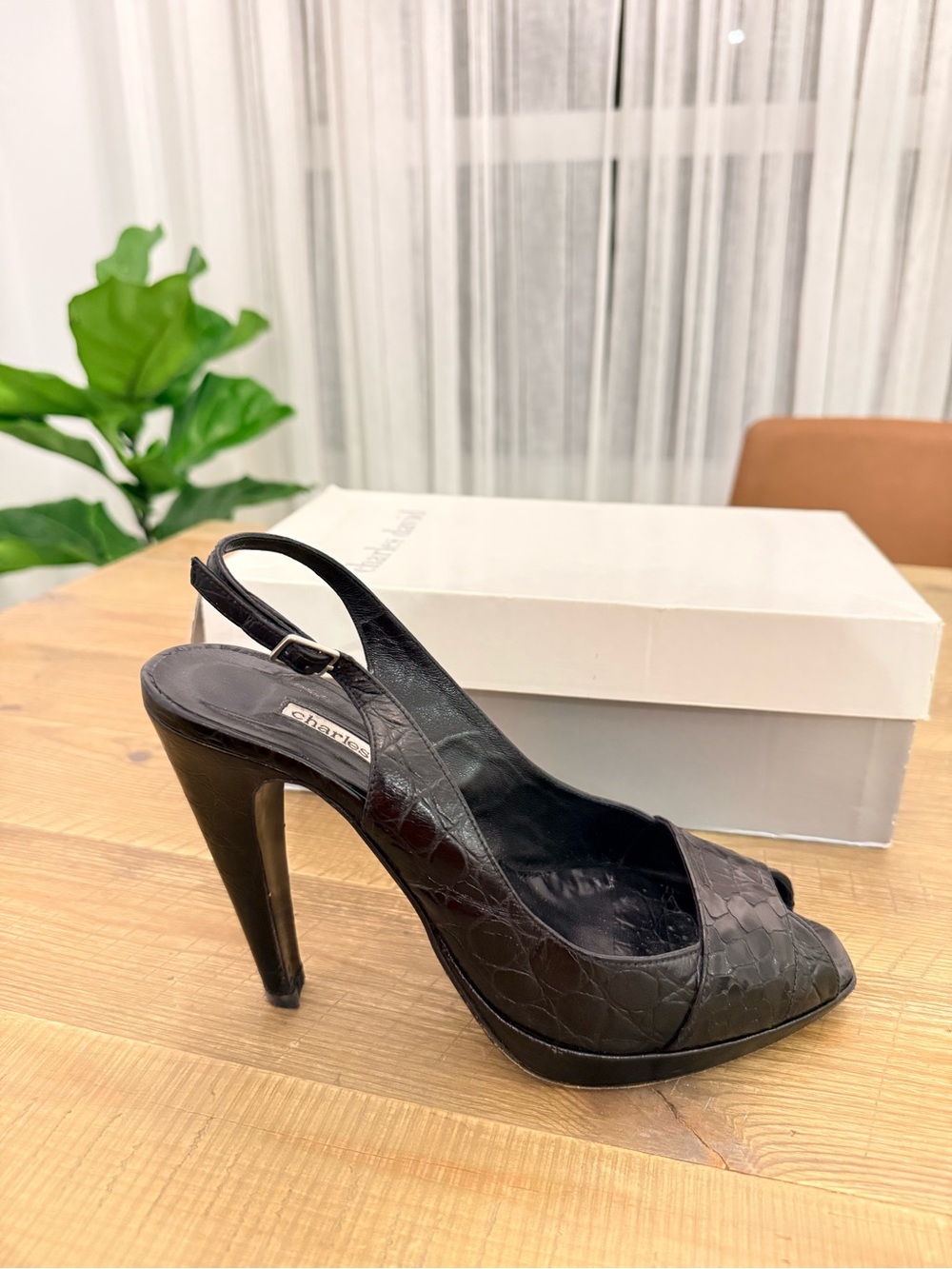 Charles David Black Croc-Embossed Slingback Peep-Toe Heels